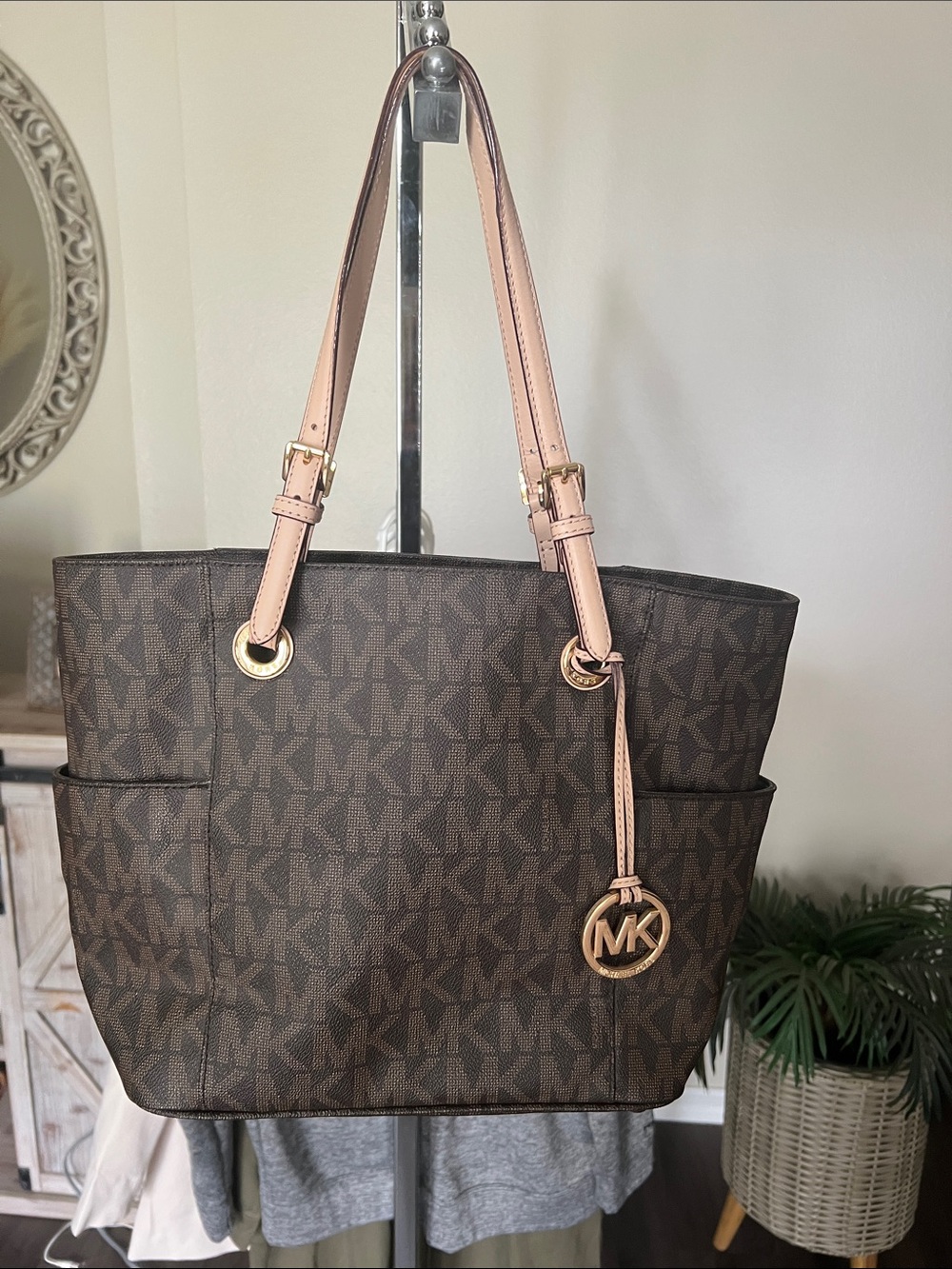 Michael Kors Brown Signature Tote with Pink Shoulder Straps